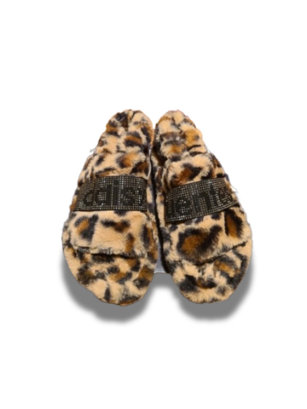 Daisy Fuentes Leopard Print Faux Fur Slide Slippers with Black Embellished Strap